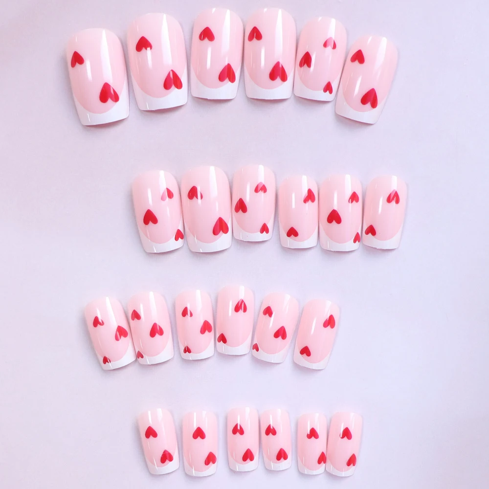 24PCS French short square Valentine's Day Holiday Nail With Red Heart Design Glossy Nail Acrylic Full Coverage Fake Nail