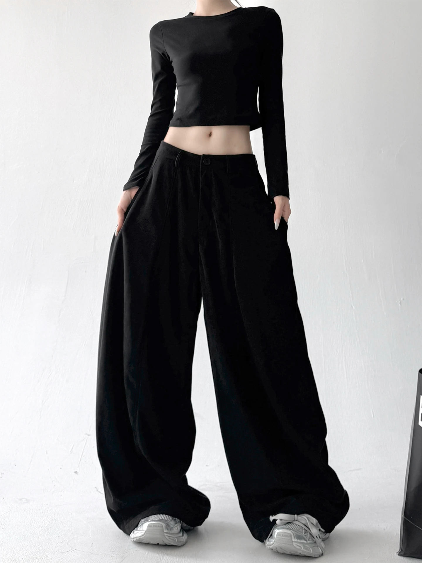 High Waist Loose Wide Leg Pants Floor Length Commuter Trousers Pure Color Casual Straight Cut Polyester Ladies Faion