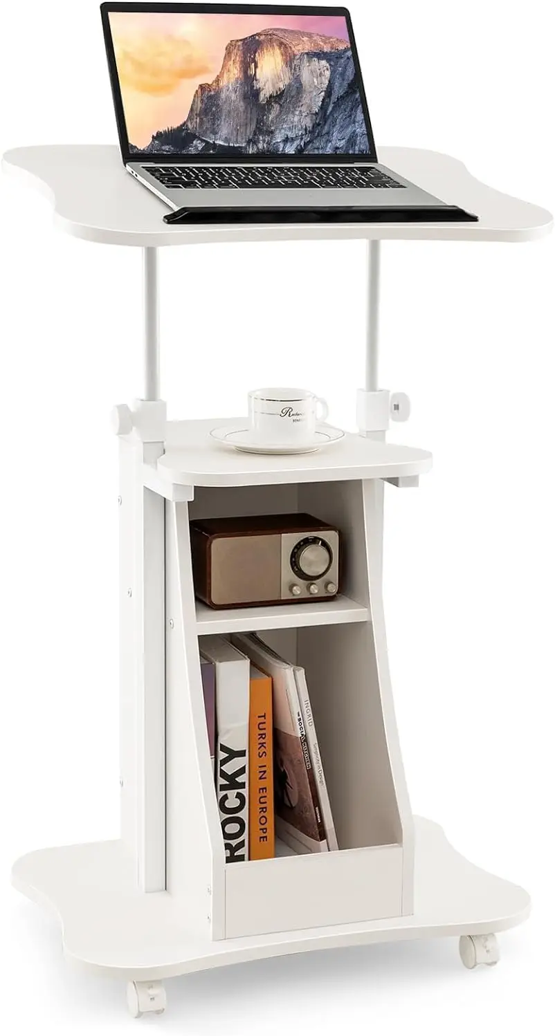 

Adjustable Height Mobile Laptop Desk with Wheels, Tiltable Desktop & Storage Shelves for Office Home School