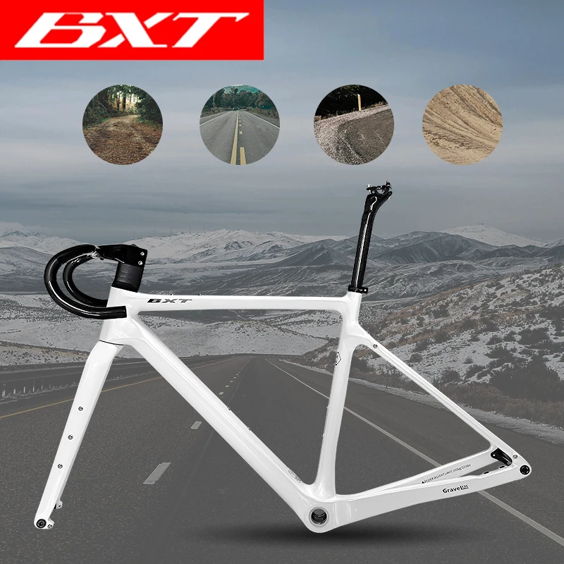 

BXT New Carbon Fiber Road Bike frame with Gravel Handlebar Fully Hidden Routing Thru Axle Gravel frameset 700x47c