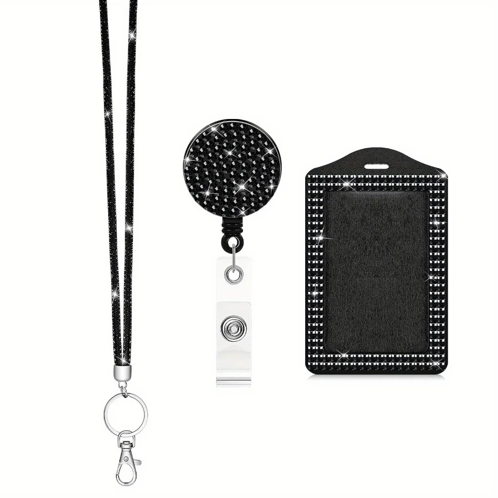 Bling ID Holder with Lanyard Rhinestone Decorated Retractable Lanyard Shiny Finish Badge Reel Adjustable Elegant Design