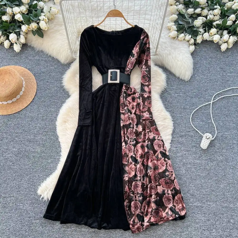 Sexy long sleeve print Spliced velour split Dress vintage Elegant Women Party basics korean fashion dresses