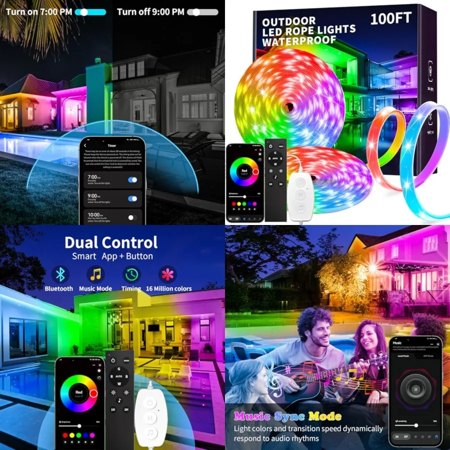 

2x Outdoor led Strip Lights Waterproof IP68, RGB Outdoor led Lights with Button and Bluetooth App Control, Music Sync, Timer, E