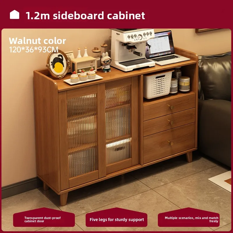 Modern Wooden Sideboard Buffet Cabinet  Translucent Acrylic Doors Solid Wood Legs 3-Layer Storage Kitchen Dining Room Furniture