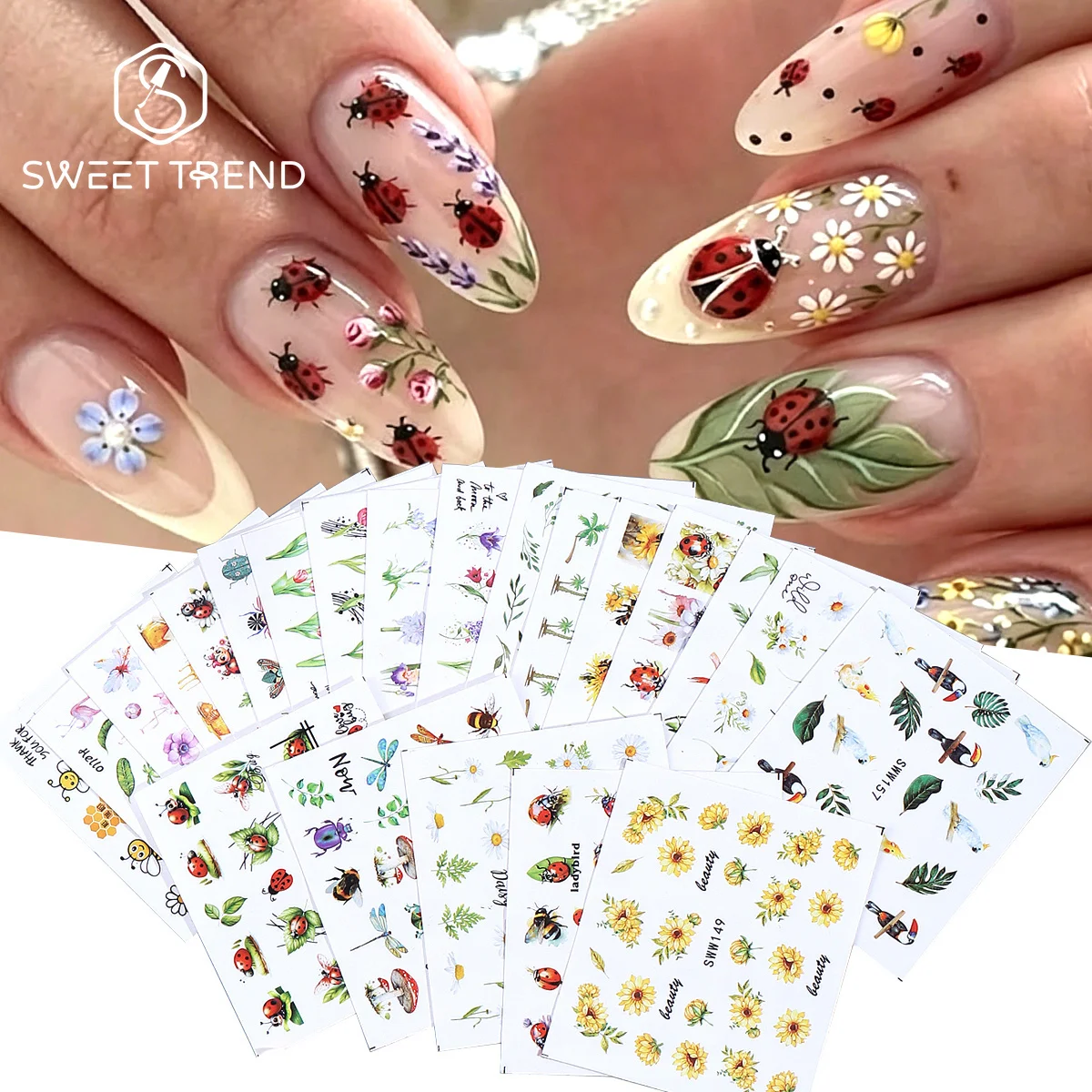 24pcs Summer Series Water Nail Sliders Ladybug Bee Dragonfly Insects Image Transfer Sticker Palm Flowers Design Tattoos Manicure