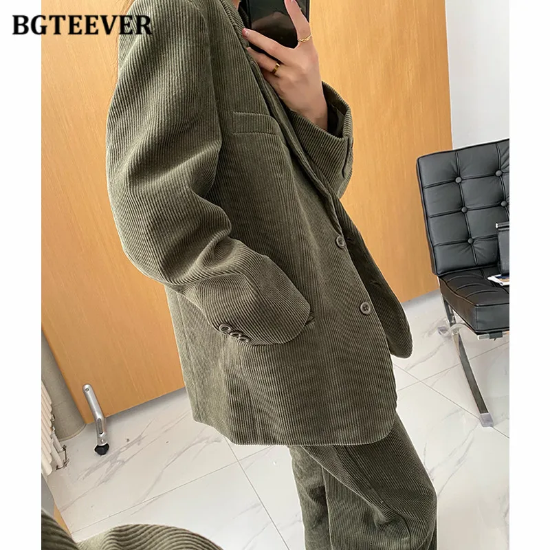 Bgteever Herbst lose Cord Frauen Blazer Set Langarm Einreiher Anzug Jacke weibliche Hose mit weitem Bein für Frauen