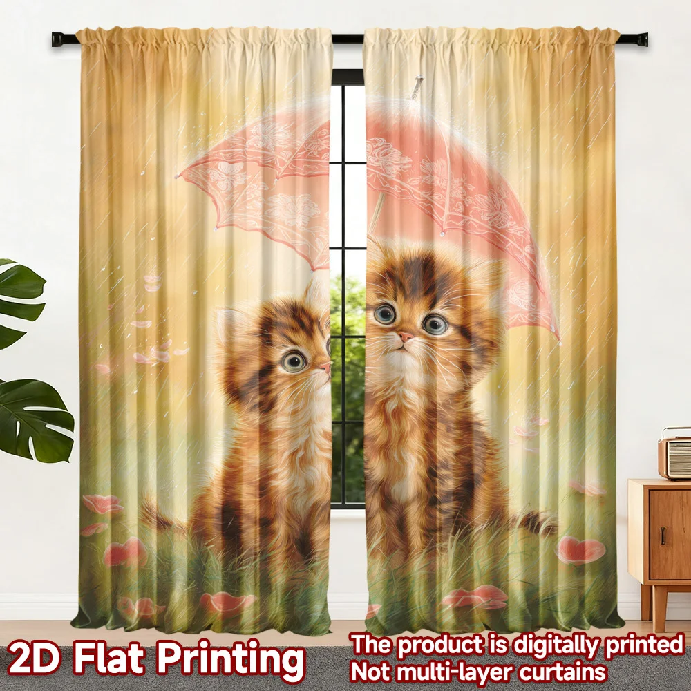Cute Kitten Curtains, Funny Cat Under Umbrella Drapes, 3D Digital Print, Living Room Bedroom Decor, Pet Lover Window Treatment