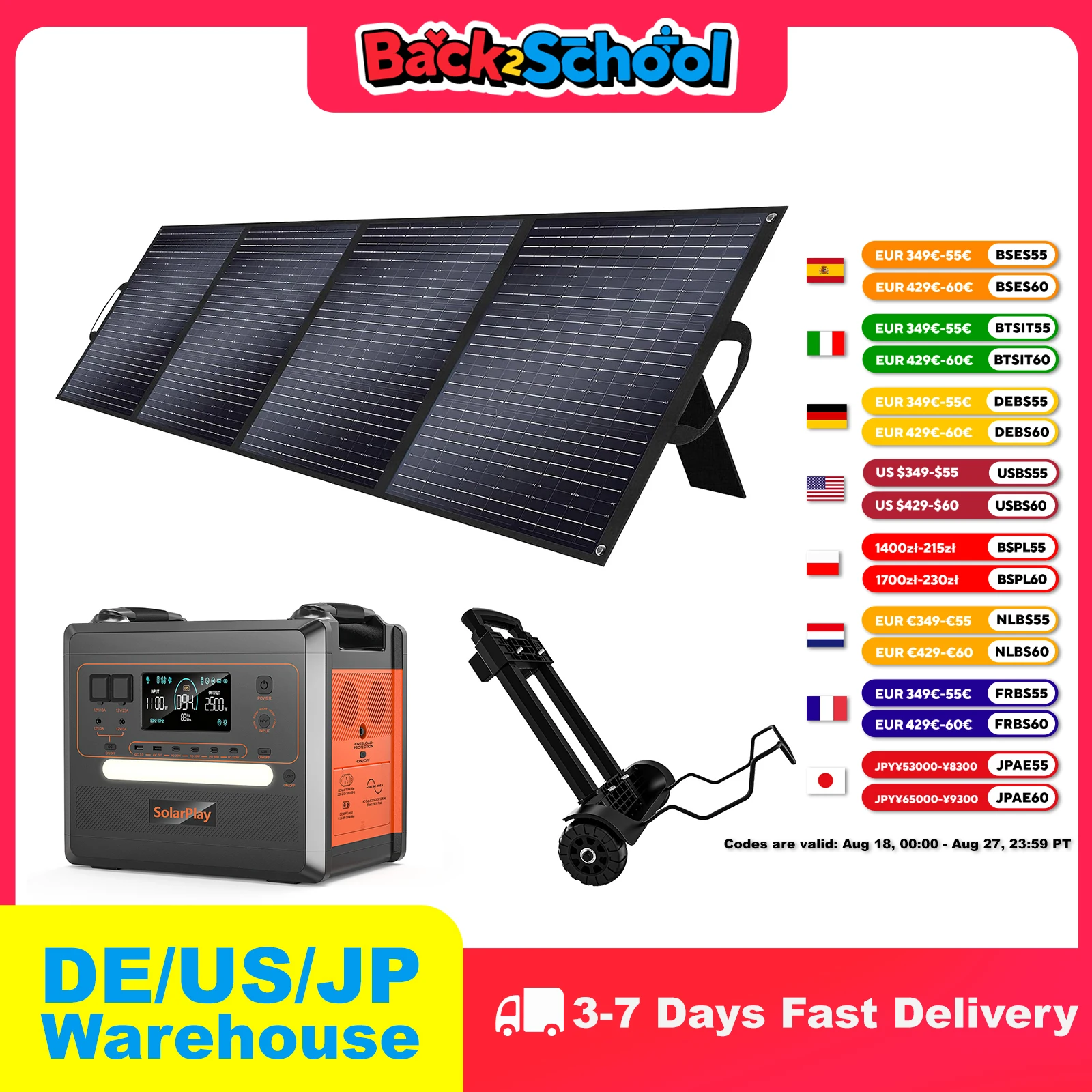 

SOLARPLAY Power Station Portable Q2402M Electric Generator Lifepo4 Batteries Solar Charger Photovoltaic Panel wiht Hand Trolley