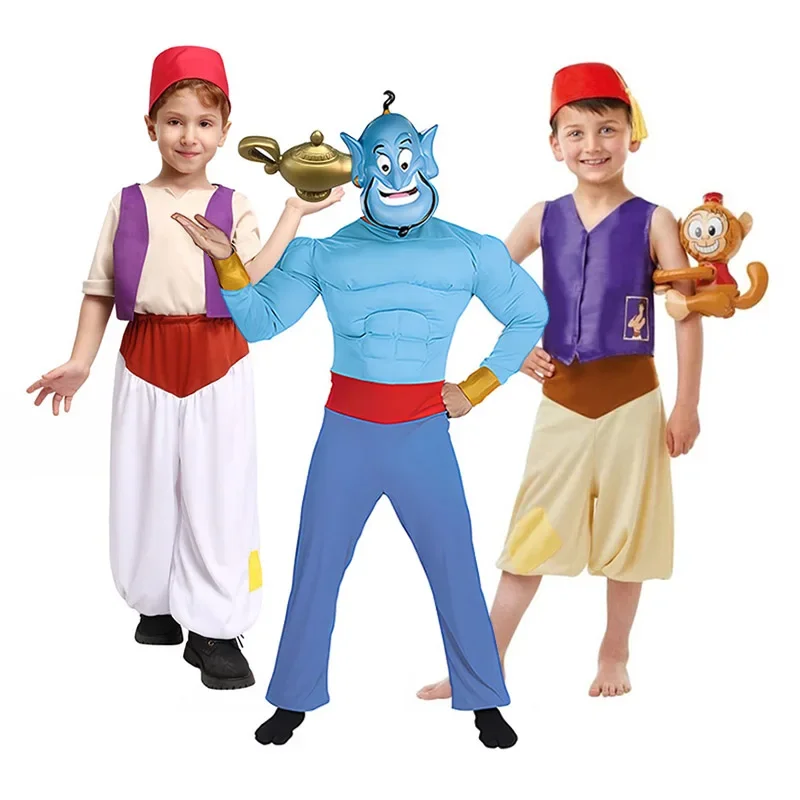 Disfraz de Príncipe Árabe para chico, disfraz de Aladino, trajes de Aladino de rata callejera para niños pequeños con lámpara de genio, Cosplay de Halloween para niños
