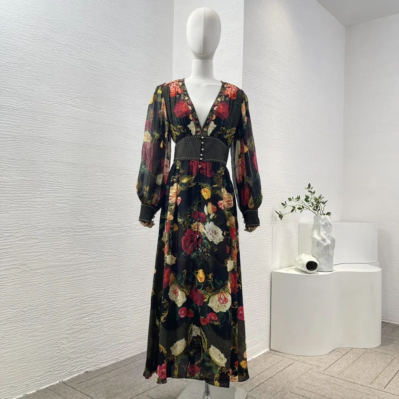 Black Summer Holiday 2024 New High Quality Pure Silk Flower Print Full Sleeve Deep V-neck Diamonds Shirred Women Midi Dress