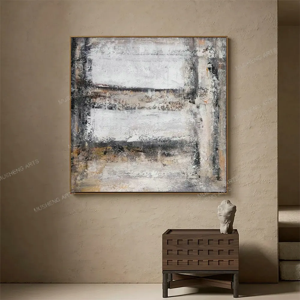 Contemporary Gray and White Handmade Wall Art Abstract Nordic Oil Painting on Canvas Acrylic Texture Design for Interior Decor