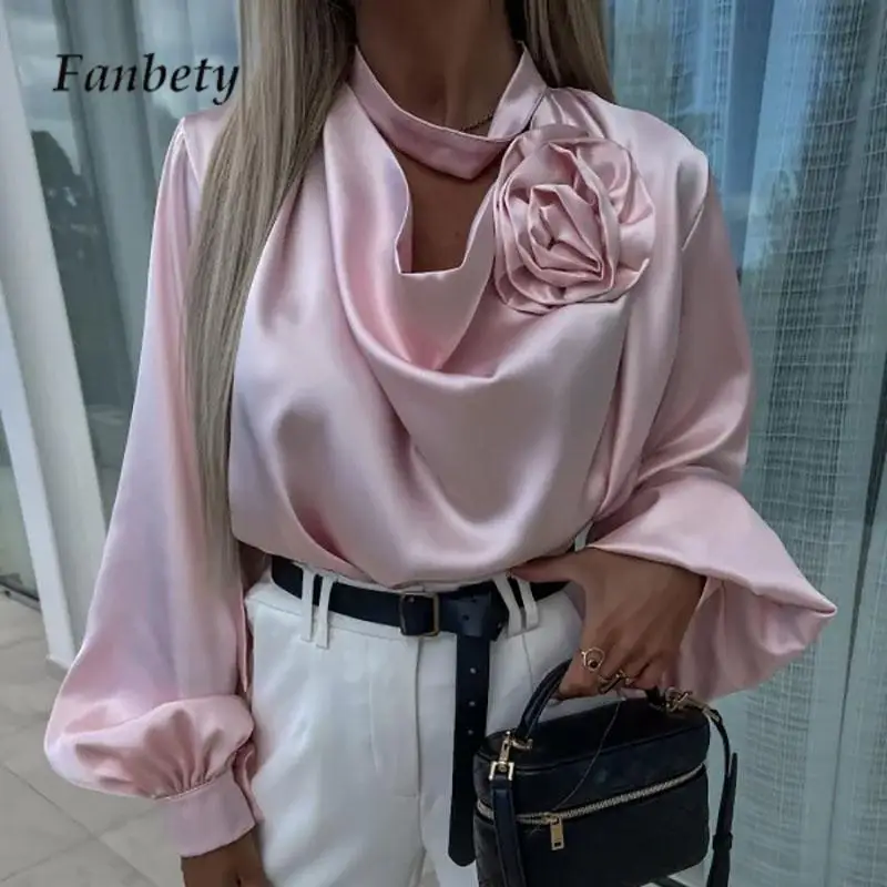 

2024 Autumn Solid Color V Neck Long Sleeve Pullover Tops Fashion Design Ladies Office Shirt Chic 3D Flower Satin Elegant Blouses