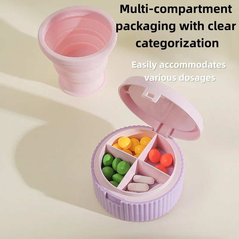 Multicolor Round Pill Organizer With Foldable Water Cup Multi Grid Tablet Holder Compact Travel Kit For Daily Outdoor Trip