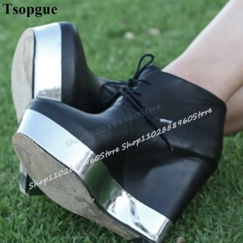 Schwarzes Leder, gespleißt, silberne Plateau-Pumps, Keilabsatz-Schuhe für Damen, Kreuzgebunden, runde Zehen, lässig, trendige Damen-Pumps