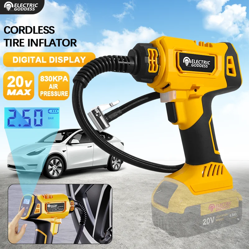 EGOD 830kpa Cordless Tyre Inflator Air Compressor with Digital Display 140W Electric Inflator Pump for Dewalt 20V Battery