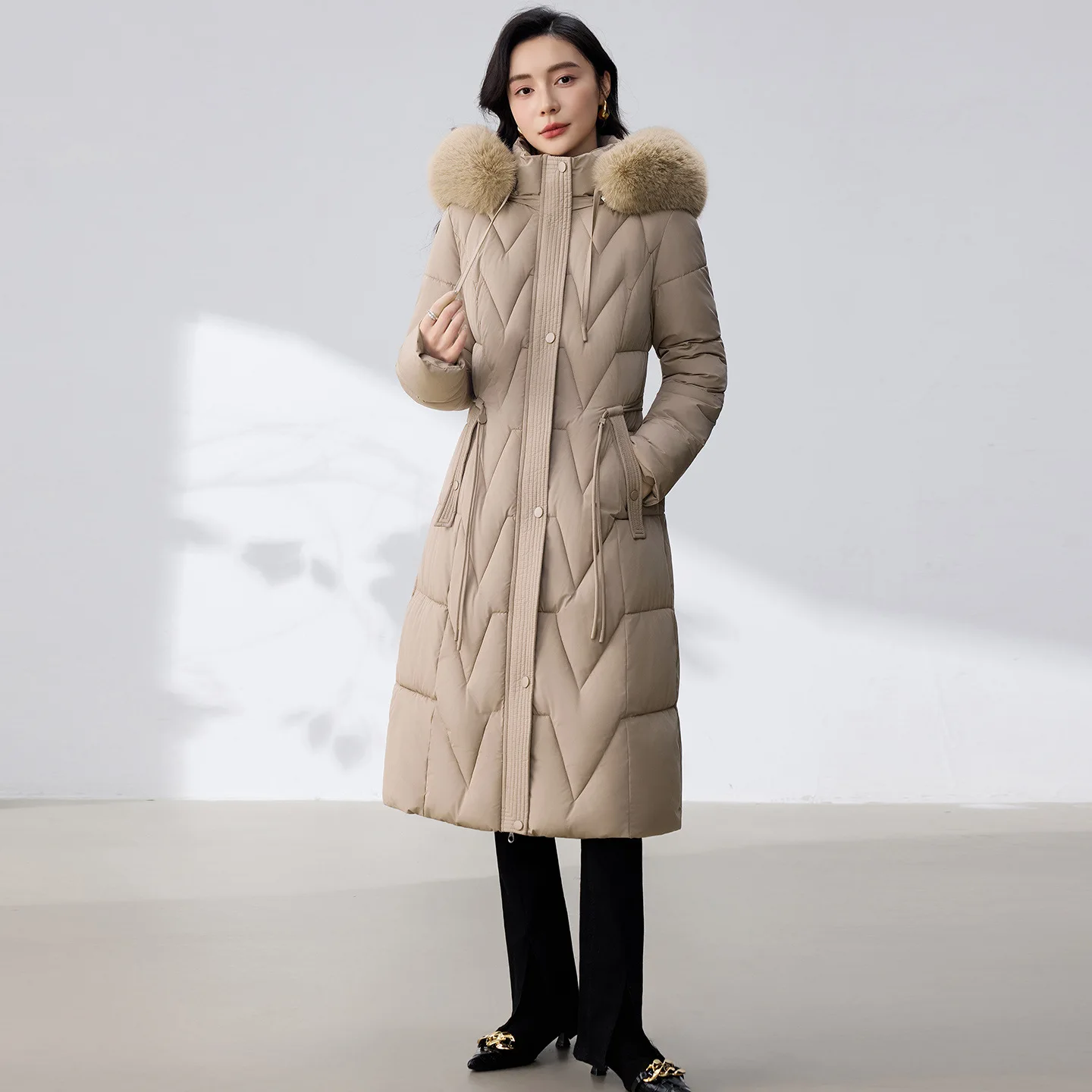 

Women's Thickened Snow Coat Winter Big Fur Fashionable Warm Large Fur Collar Jacket Plus Size Long Drawstring Pocket Outwear
