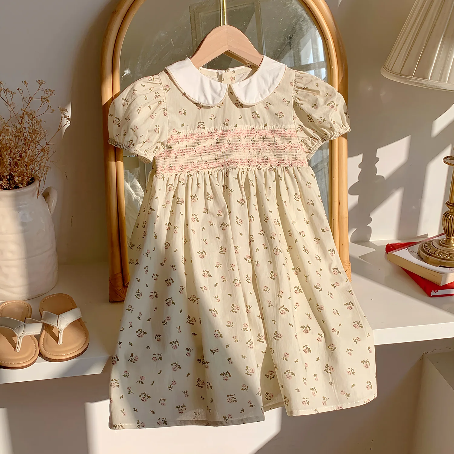 Pink Smocked Chest AreaPuff Sleeves Children Casual Skirt Kid Girl Cute Short Sleeve Dress Floral Prints White Peter Pan Collar