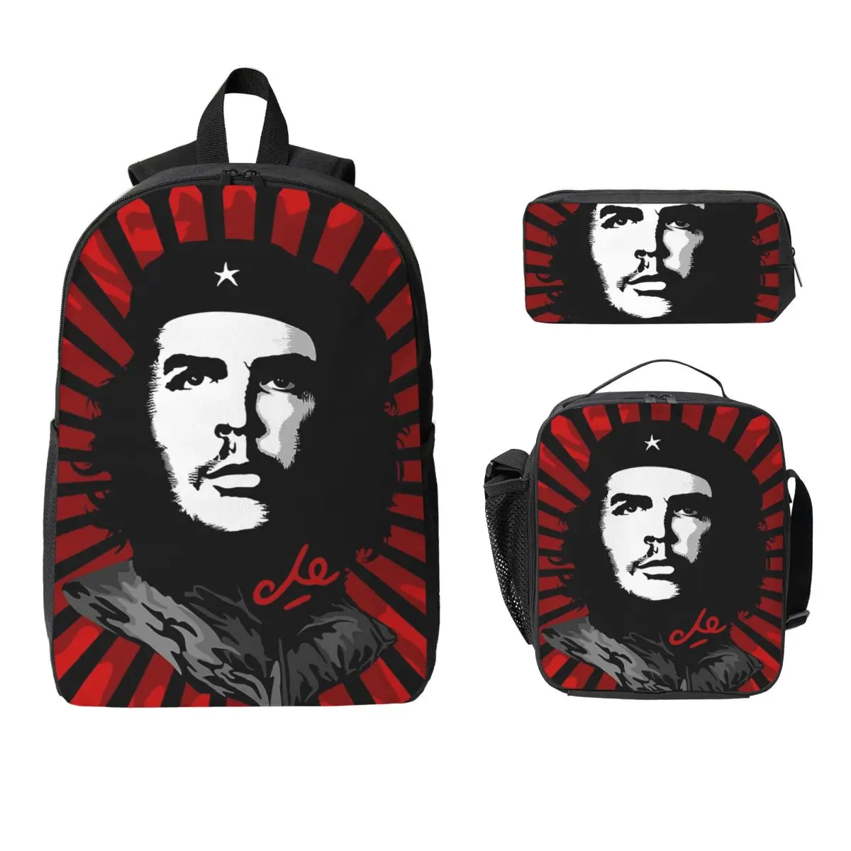 

El Che Iconic Portrait On Abstract Red Sun Background Backpack Student BookBag School Bag 3ps Insulated Lunch Bag Pencil Case