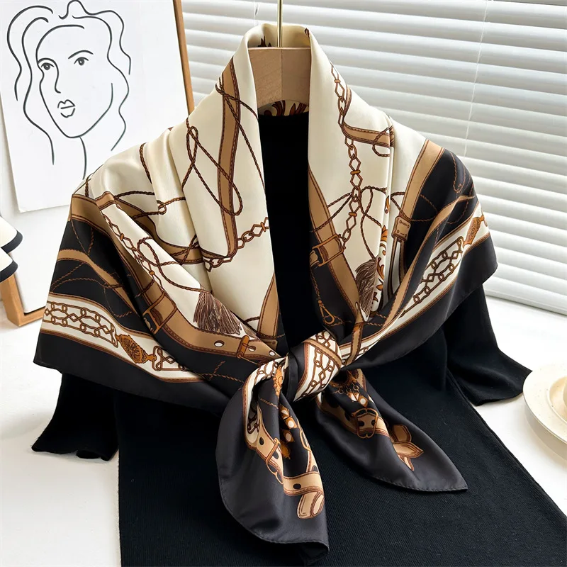 2024 Europe America New 90X90cm Large Square Scarves Women Silk Scarf Bandanna Hairband Headband Neckerchief Wrap Foulard Ribbon