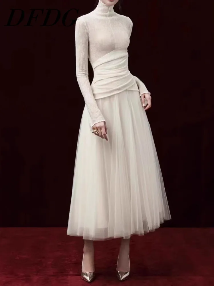 

DFDG, женская бутиковая блузка на пуговицах с высоким воротником, плиссированная макси-юбка с высокой талией, элегантный утягивающий комплект на весну и осень