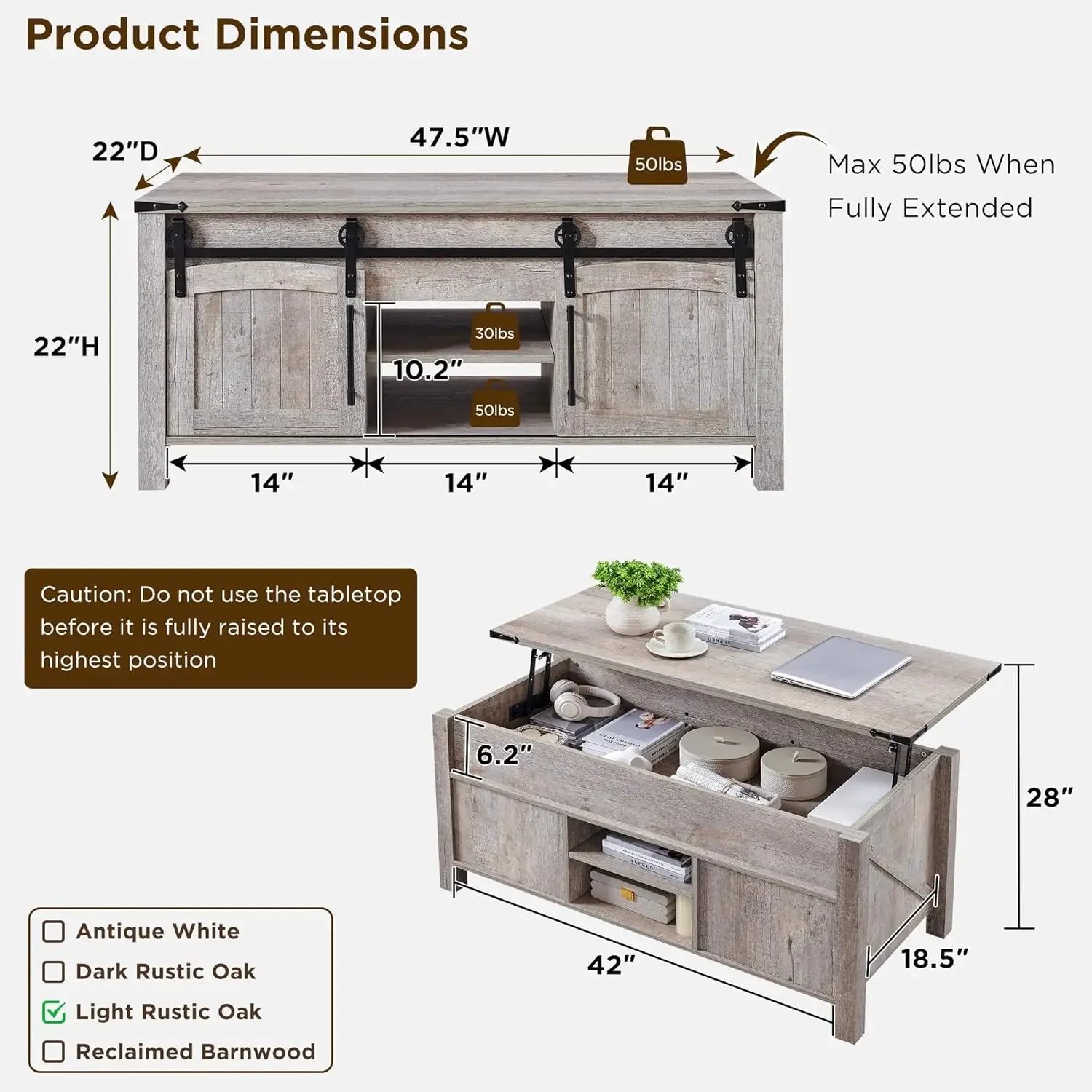 Mesa de centro elevable de granja con puerta corredera, mesa central rústica grande de 48 "con compartimento de almacenamiento oculto, Ta de elevación |