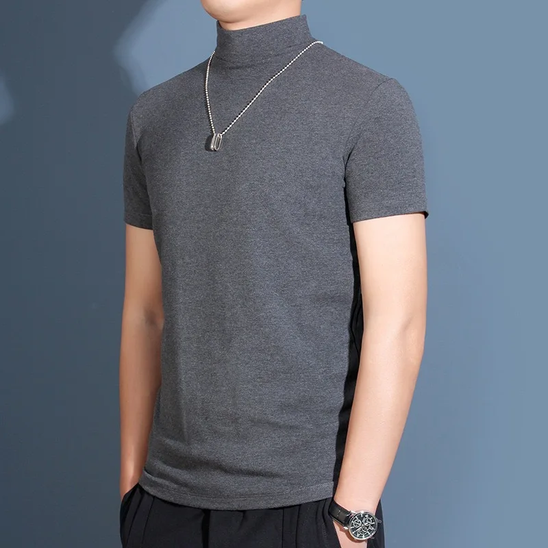 Men's Half High Collar T‑Shirt Mock Neck Thin Breathable Fitness Elastic Pullover Slim Fit Solid  Daily Wear Basic Tee