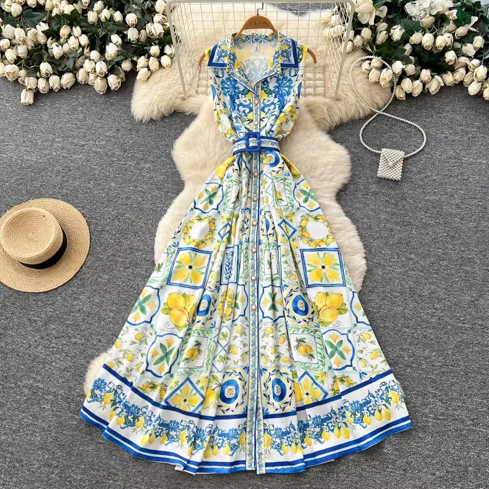 

Summer Holiday Beach Maxi Dress Women's Notched Collar Single Breasted Sleeveless Floral Print Belt Long Boho Party Vestidos