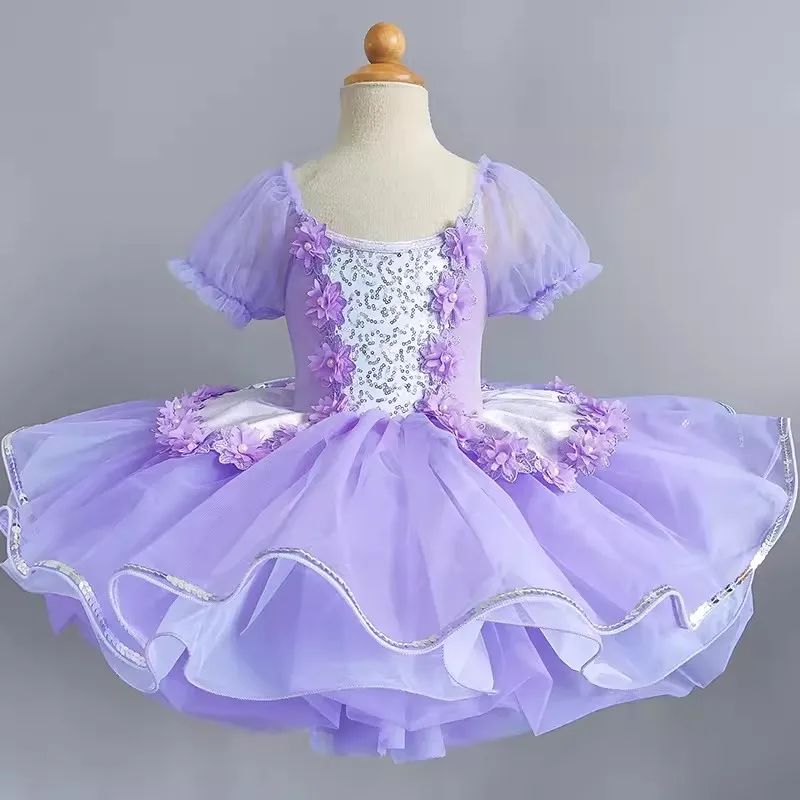 Kids Ballroom Clothing Pink Lace Sequined Modern Dance Tutu Dress Girls Jazz Dance Dresses Children Stage Wear Princess Dress