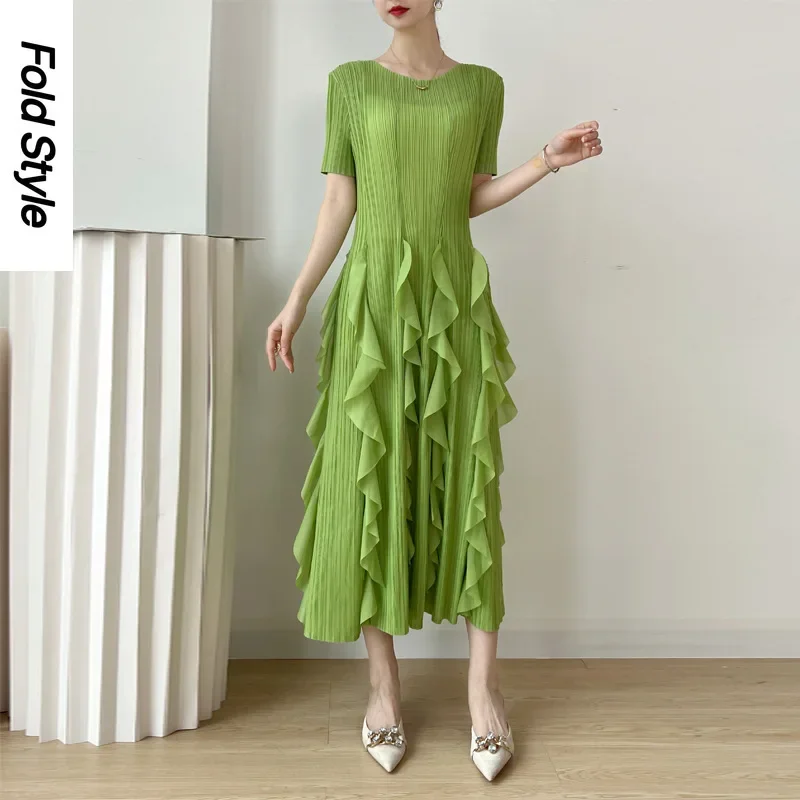 Miyake Pleated Summer Design Sense High Waist Dress Temperament Slim Short Sleeve Fashion Chiffon Slim and Age Reducing Skirt