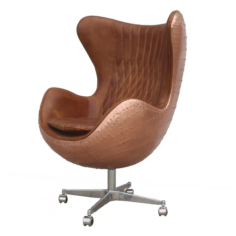 

Brass Vintage Real Cowhide Leather Aviation Egg Type Chair Retro Swivel Lounge Aviator Chair