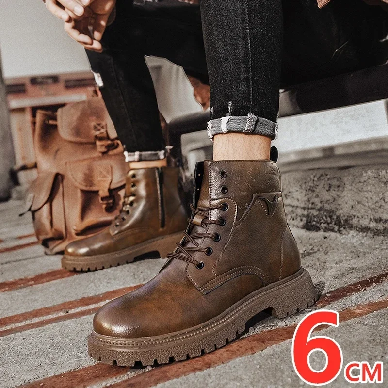 Genuine Leather Handmade Men Boots High Top Elevator Shoes Motorcycle Boots Lift Ankle Boots Winter Warm Height Increase Boots