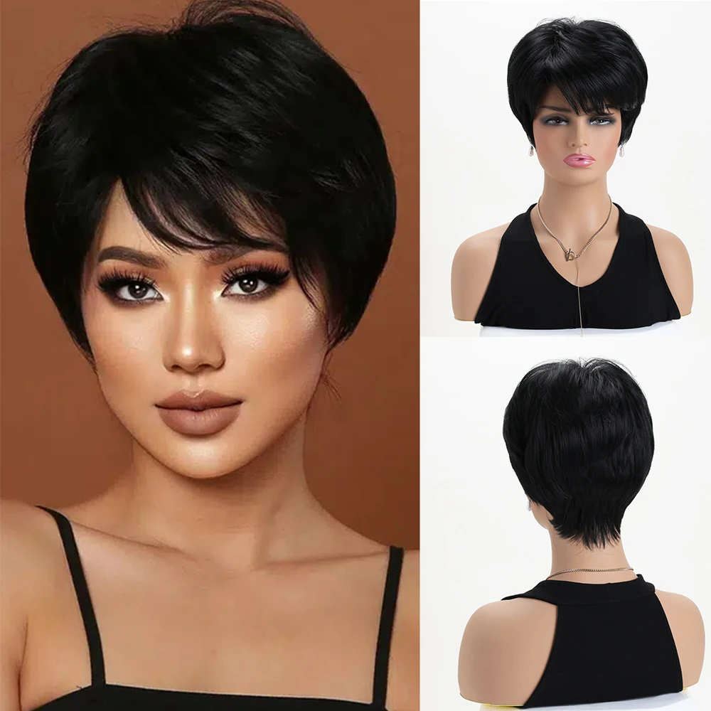 

Synthetic Short Straight Black Wigs For Women Daily Wear Cosplay Party Heat Resistant Cosplay Hair