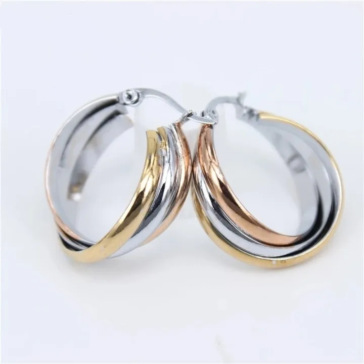 Fashion 3 Tones Rose Gold Stainless Steel 20mm Ear Hoop Huggie Earrings Modern Accessories Gold C Shape Ear Circle Big Earring