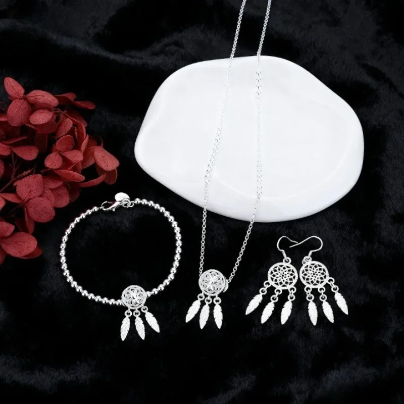 Original Designer-Schmuckset aus 925er Sterlingsilber, wunderschönes Traumfänger-Halsketten-Ohrringe-Armband-Set für Damen, modische Geschenke – Detail 1