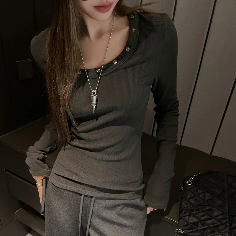 Women's Round-Neck Studded Long-Sleeve T-Shirt Straight Shoulders Innerwear Outerwear Slim-Fit Stretchy Soft Versatile Top