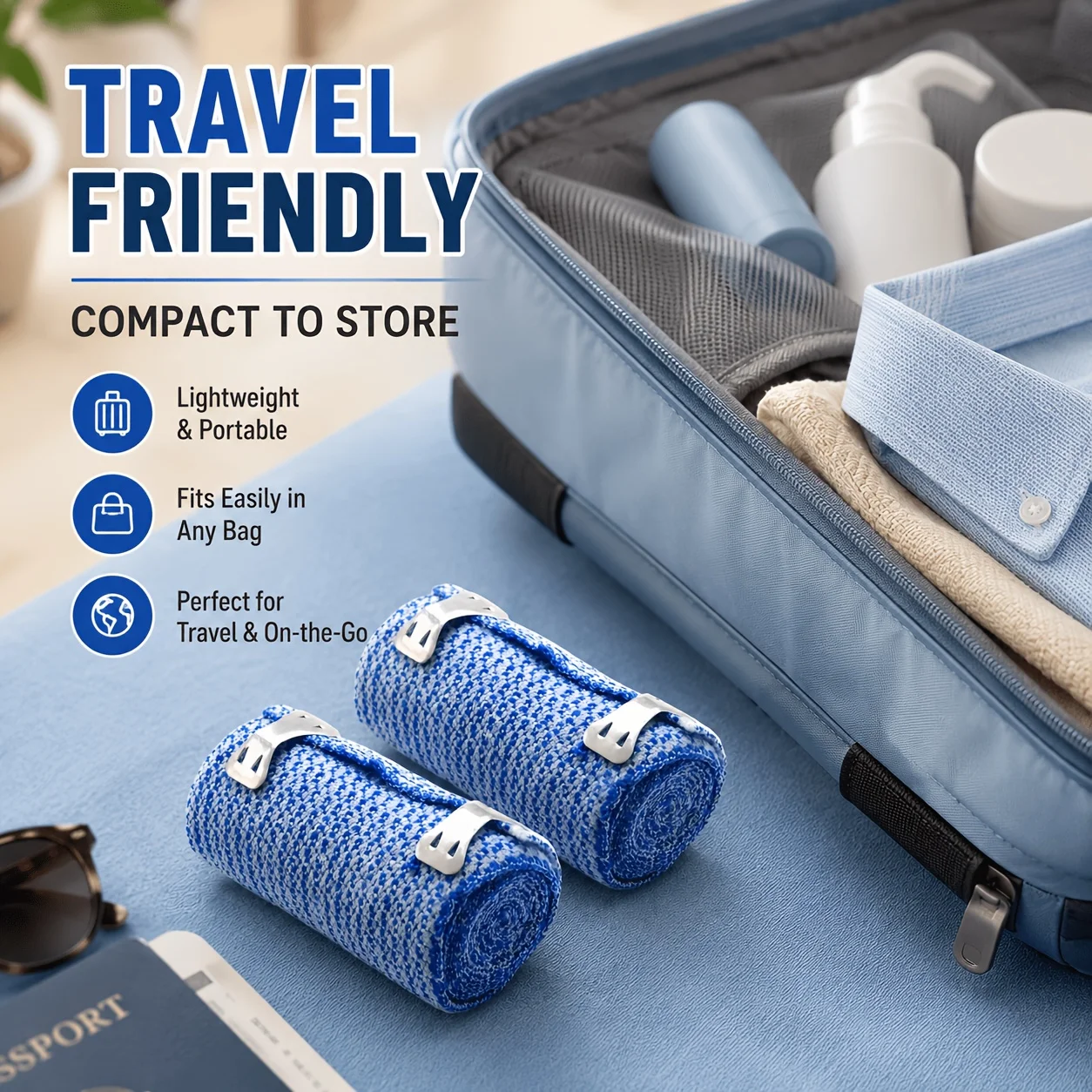 2-Pack Elastic Wrap Fastening Straps Blue and White Fabric Storage Straps with Metal Clips for Home, Sports, and Travel Use