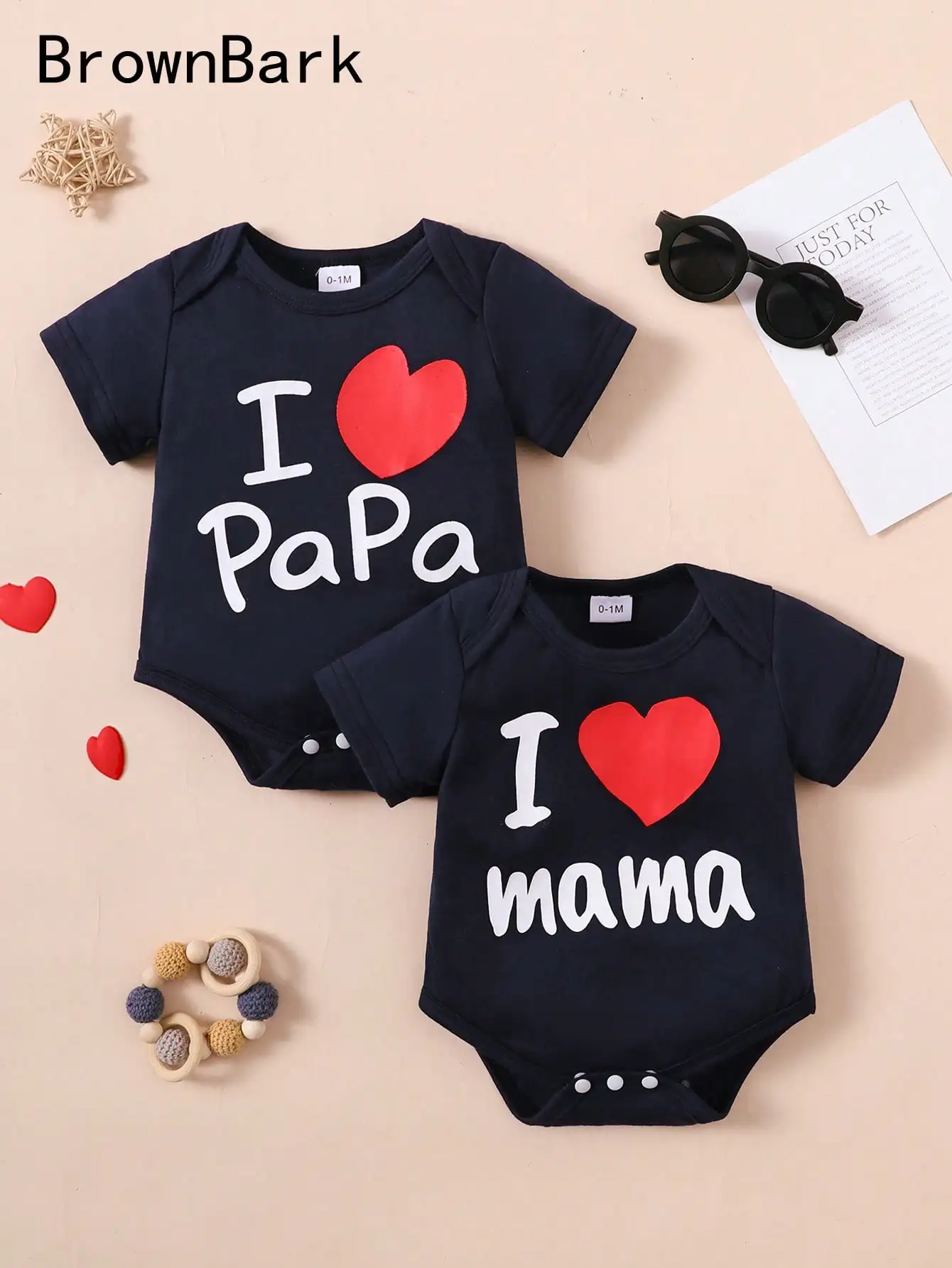 Conjunto de 2 piezas, unisex, de verano, lindo y casual, para bebés niños y niñas, que incluye un divertido body de manga corta con estampado de corazón y la frase "I love papa&mama", adecuado para bebés recién nacidos