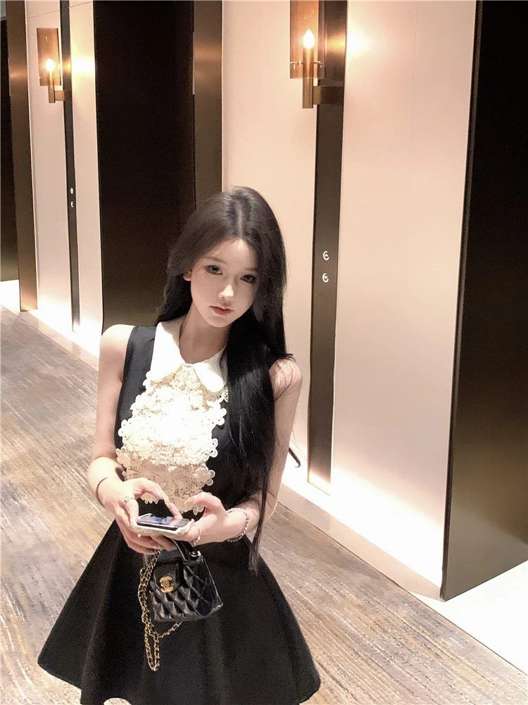 الدانتيل المرقعة طوق بلا أكمام فساتين صغيرة المرأة الصيف مزاجه الخصر سليم صالح ألف خط فستان الحفلات المسائية