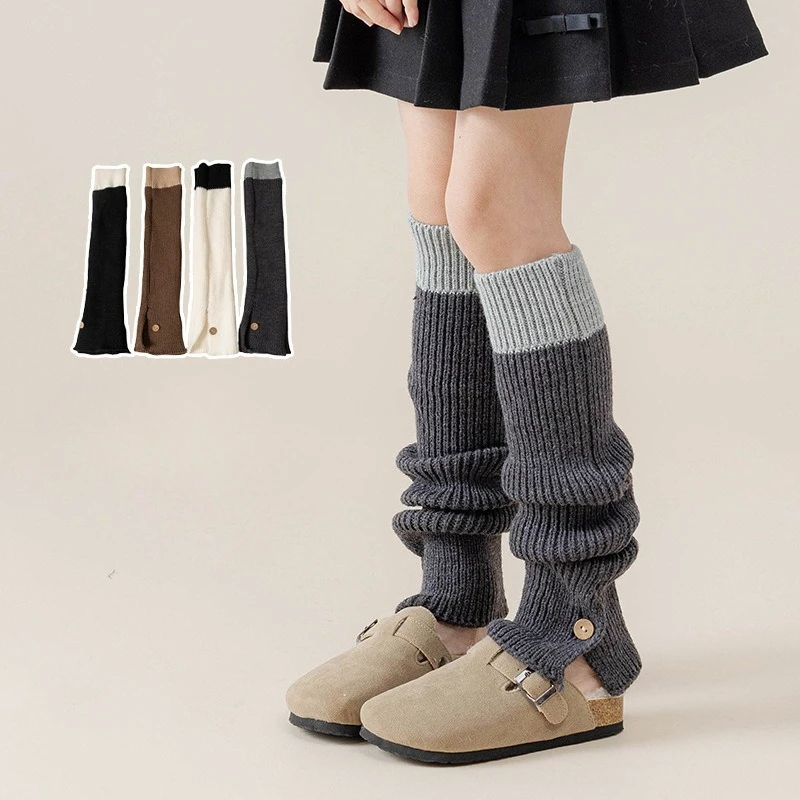

Solid Color Knitted Girls Color Blocked Leg Warmer Retro Autumn/Winter Coffee Open Button Loose Long Foot Covers Warm Leg Warmer