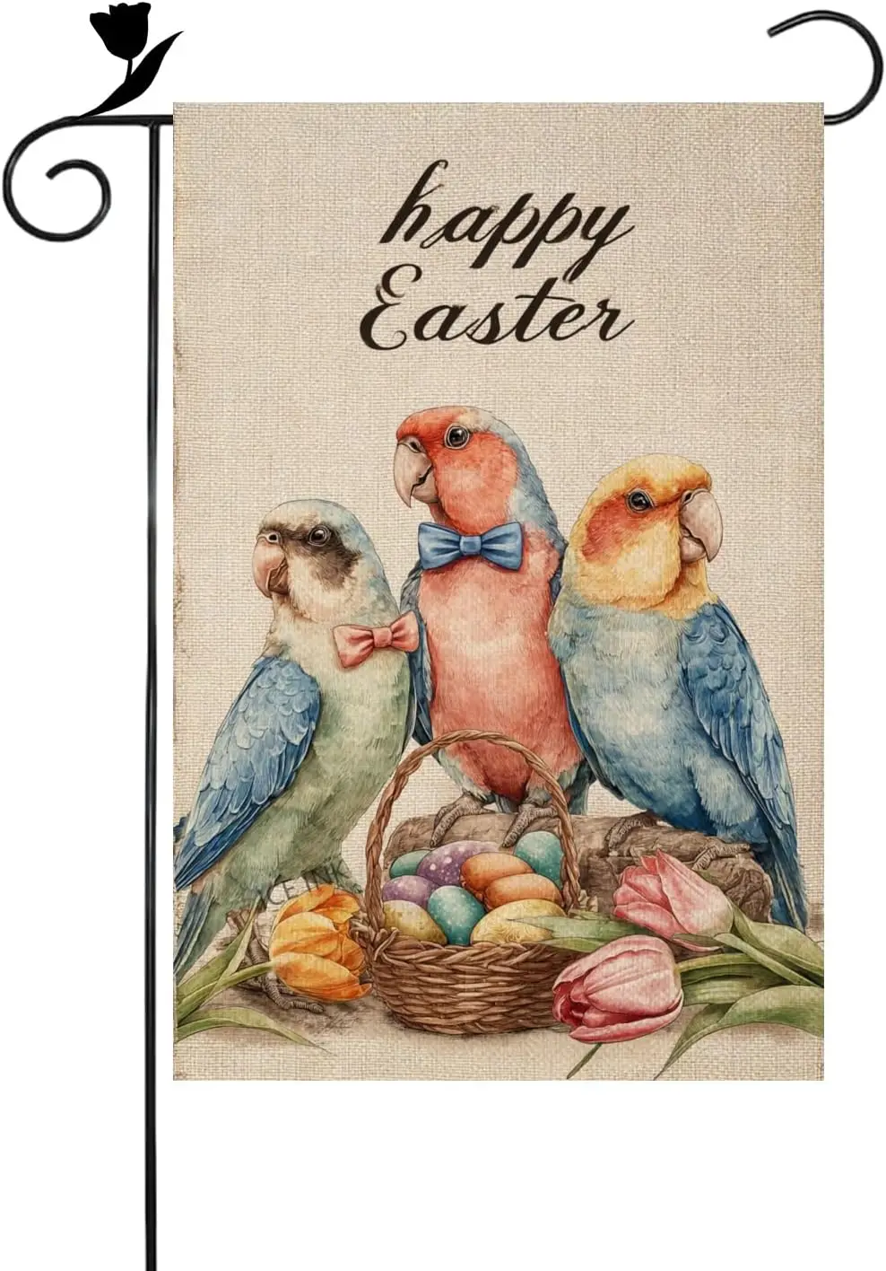 Bandera de jardín pequeña de lino de doble cara de 12x18 pulgadas con diseño de canario y cesta de huevos de Pascua, tinta efecto hielo, para decoración exterior del hogar AAS