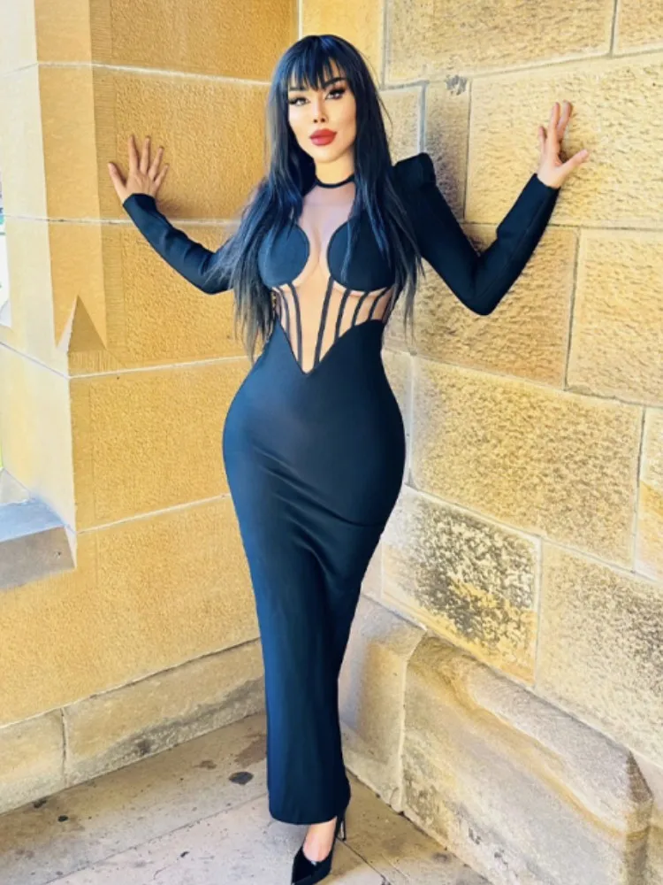 

New Women Summer Fashion Sexy Long Sleeve Mesh Beading Black Maxi Long Bandage Dress 2023 Elegant Evening Club Party Dress
