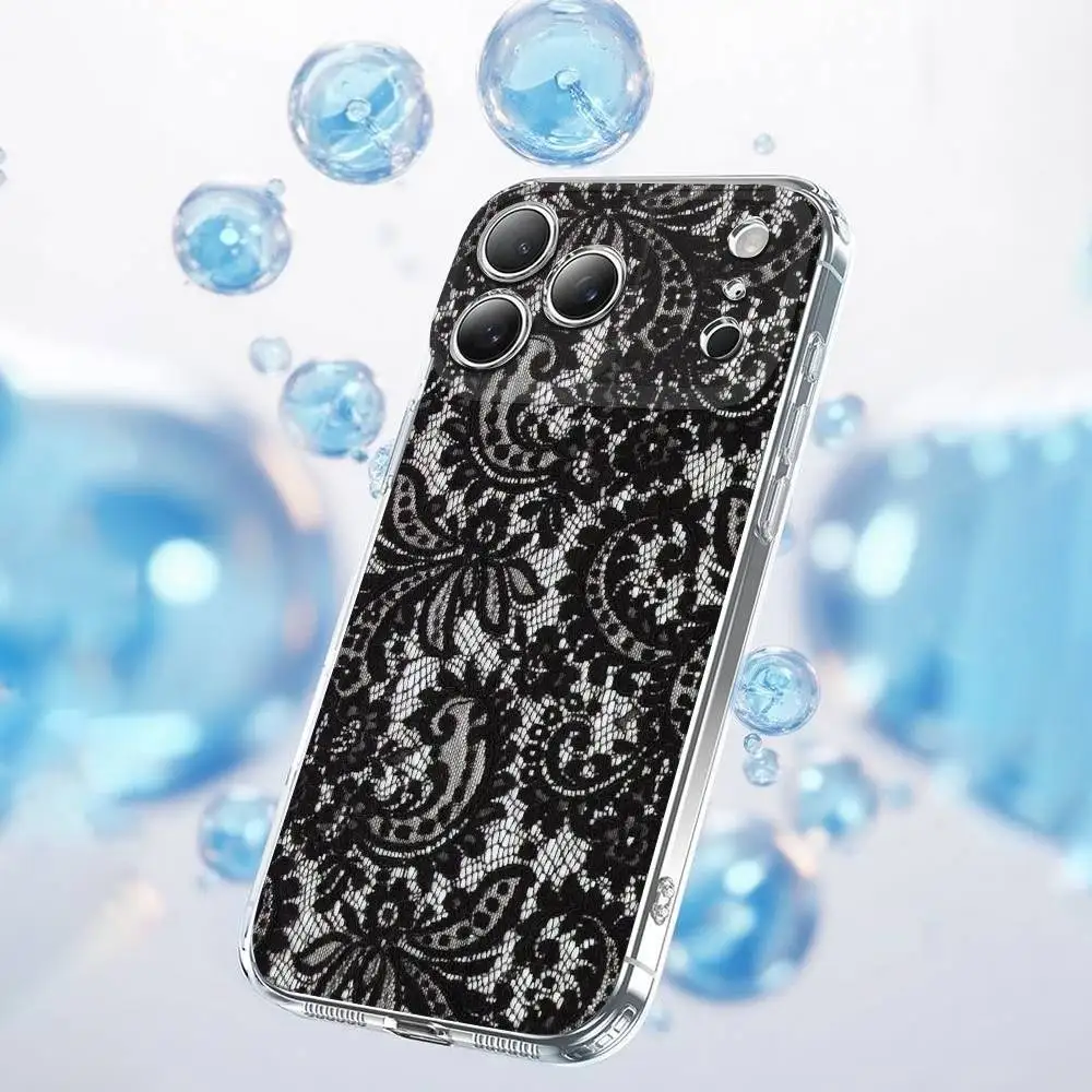 Mode Rosa Schwarz Spitze Druck Muster Telefon Fall Für iPhone 17,16,15,14,13,12,11 Plus,Pro,Max,Plus,E,SE4,Air,Mini Transparent