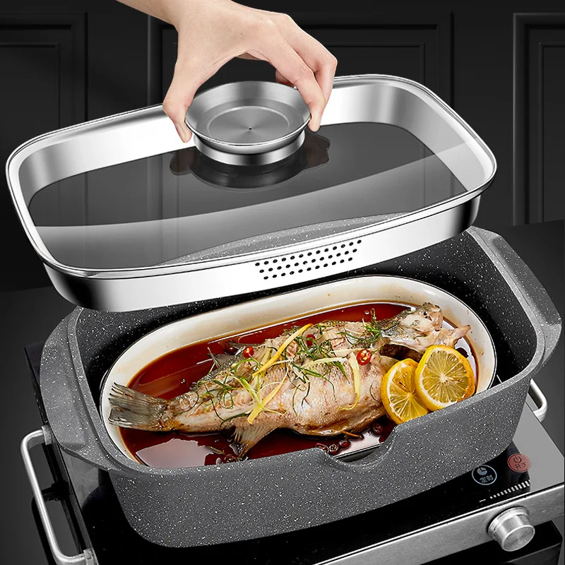 Household Large Maifan Stone Non Stick Potmultifunctional Oval Steamed Fish Pot Cooker Kitchen Chinese Style Steamer Pot