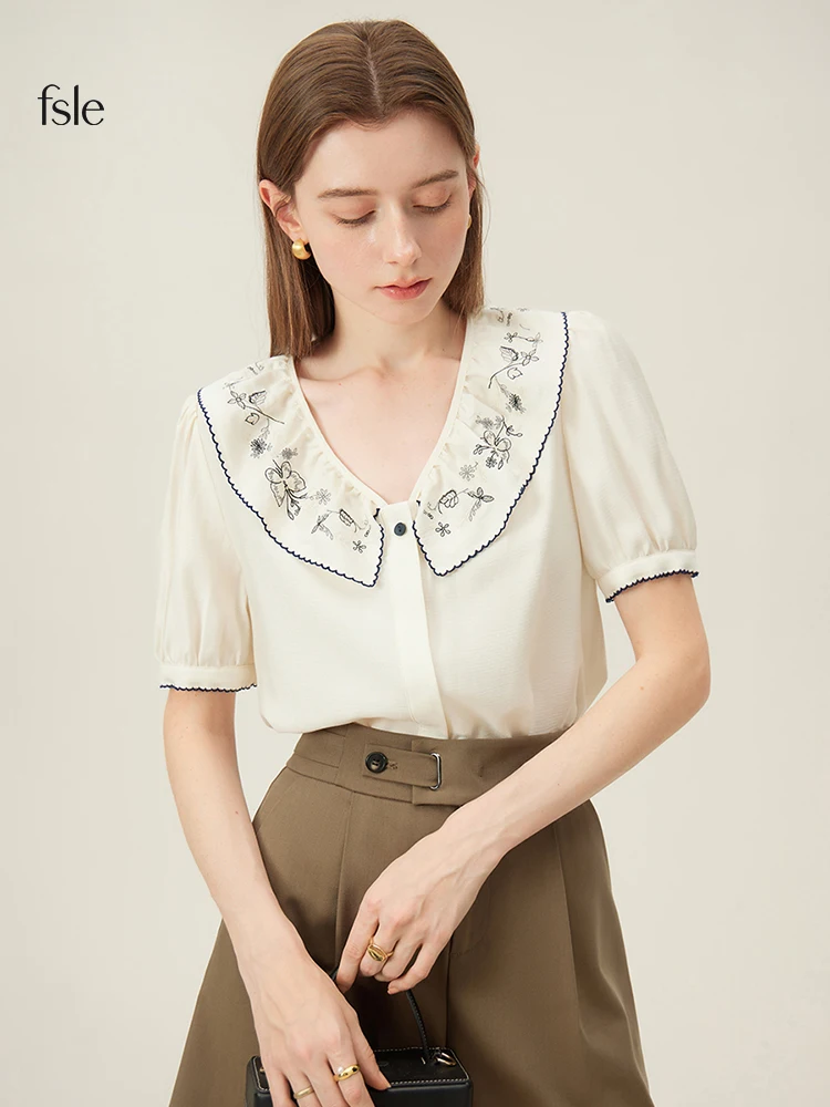 FSLE Pastoral Style Design Embroidered Shirt for Women Summer Heavy Industry French Lotus Leaf Collar Top Shirt Female 24FS12098