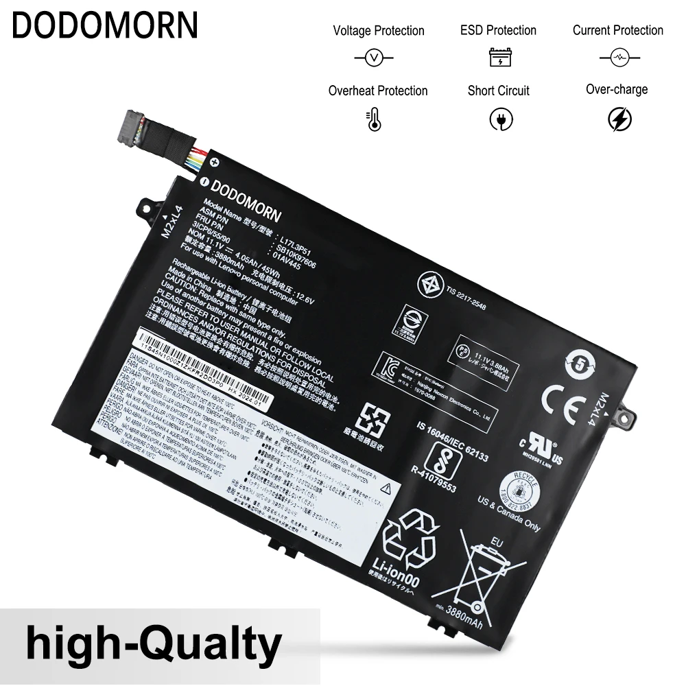 Аккумулятор DODOMORN L17L3P51 для ноутбука Lenovo ThinkPad E15 E480 E490 E495 E580 E585 E590 E595 Series 01AV445 L17M3P52 SB10K79606