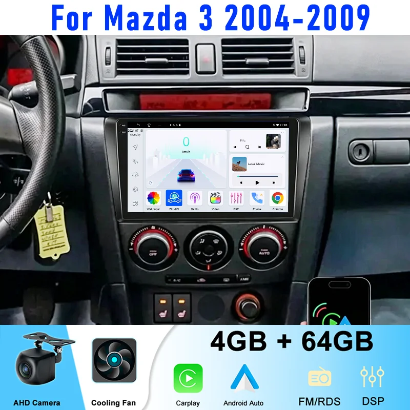 

9'' 4+64GB For Mazda 3 2004-2009 Car Stereo Radio Android 15 System Wireless Apple Carplay Head Unit Steering Wheel Control