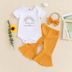 Baby Girl 1st Birthday Clothes First Trip Around The Sun Short Sleeve Romper Flare Pants 3Pcs Cake Smash Outfit