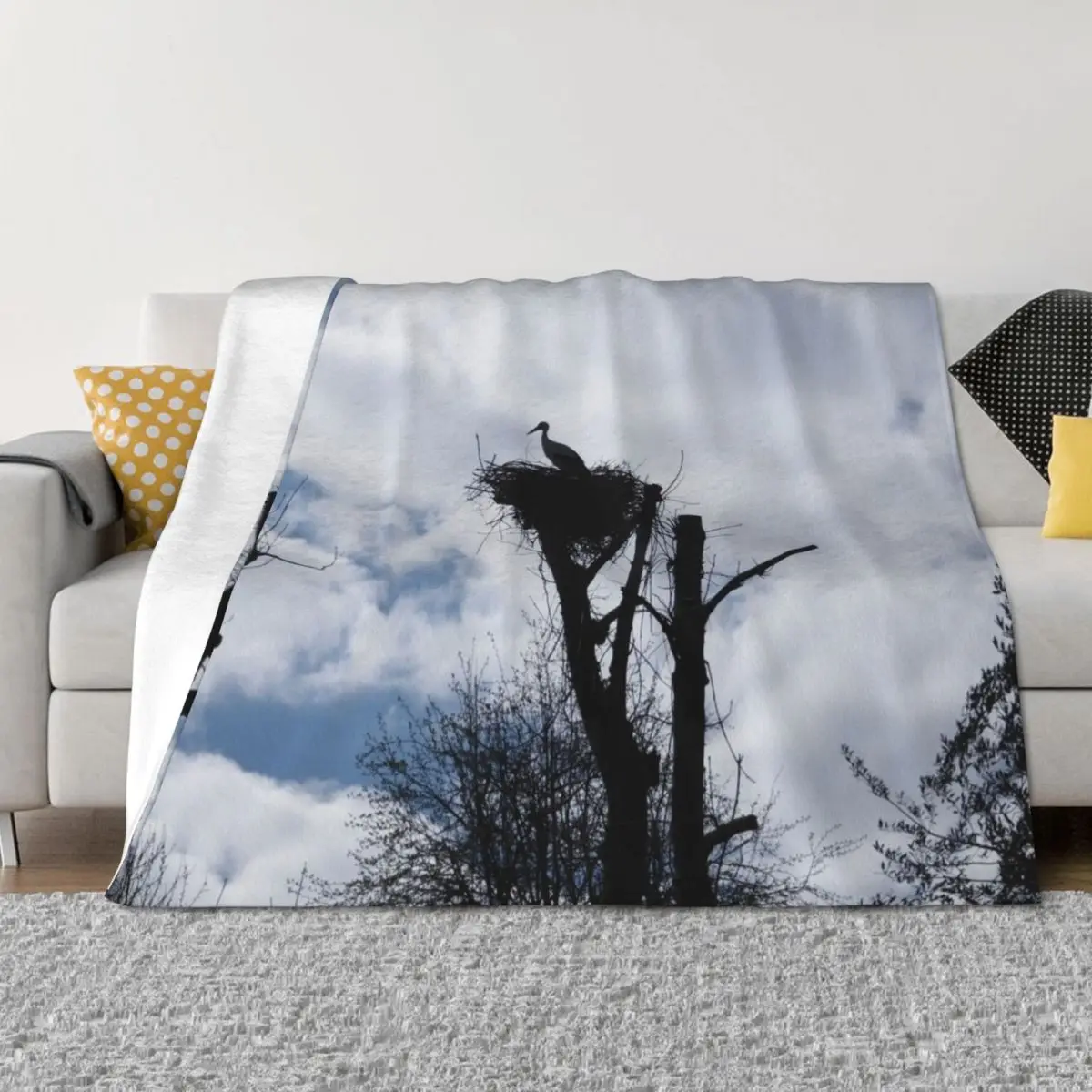 

Stork in backlighting on its nest Throw Blanket for babies Sofa Throw for winter Soft Blankets