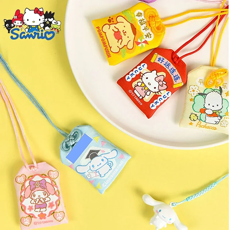 Sanrio Hello Kitty Keychain Pendant Kuromi Cinnamoroll Blessing Embroidery Luck Protective Bag Creative Amulet Friend Gift