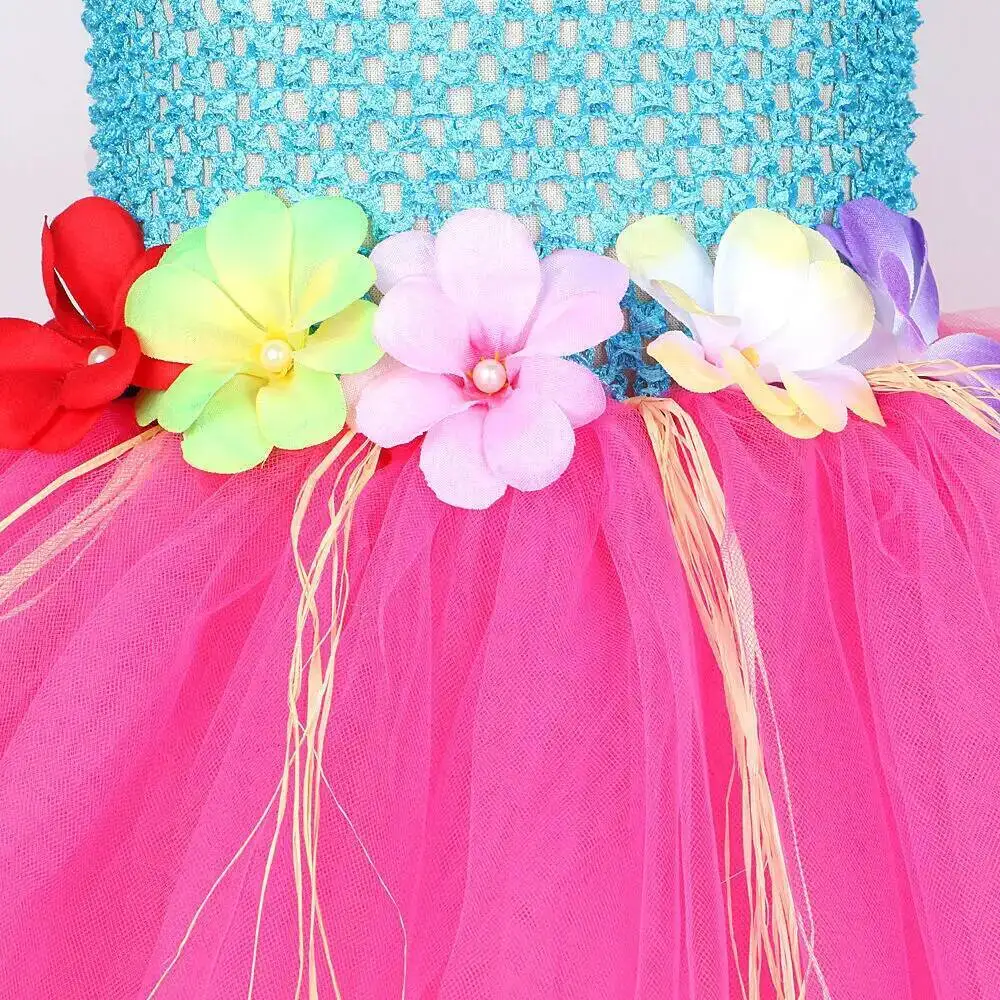 Flowers Hawaii Grass Costumes for Girls Hula Party Ballet Tutus Dresses for Kids Luau Dance Princess Outfit with Garland Ring view 6